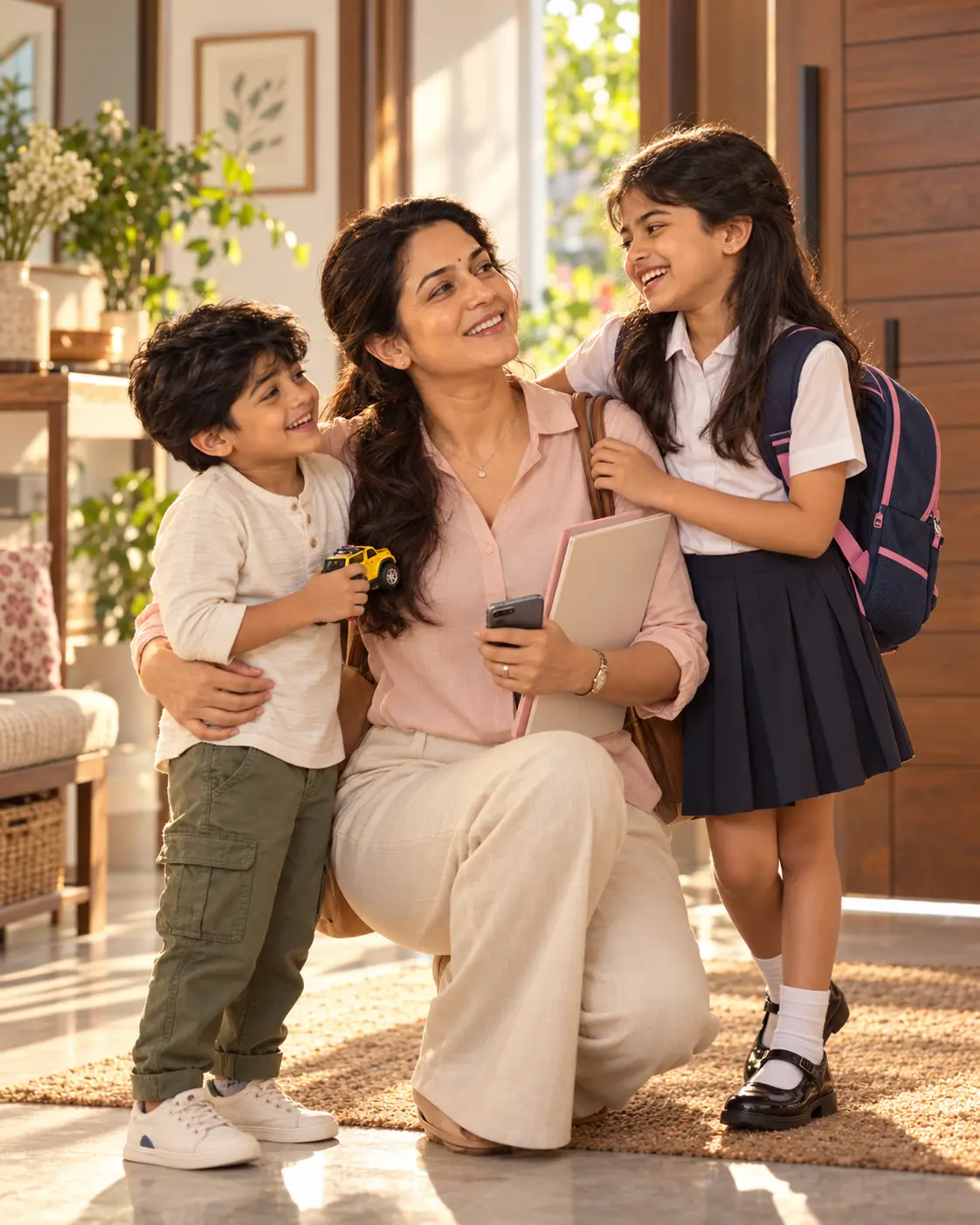 An Indian mother with her daughter and young son before school