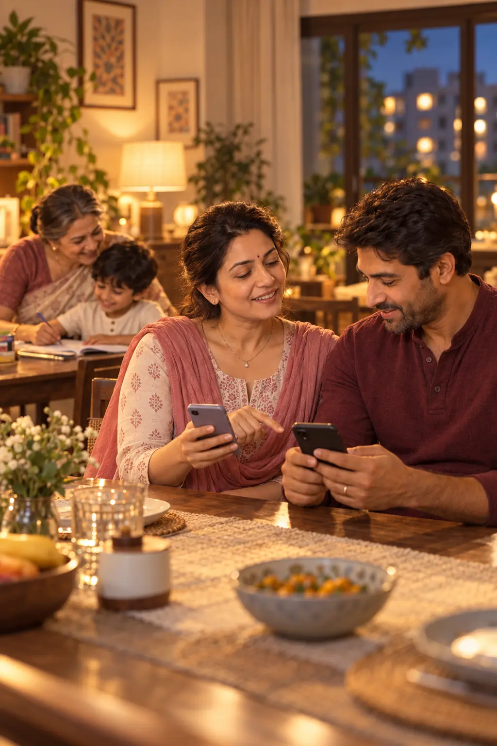 An Indian couple at home reviewing a ParentAura family access invitation on their own phones while a grandmother helps their child nearby