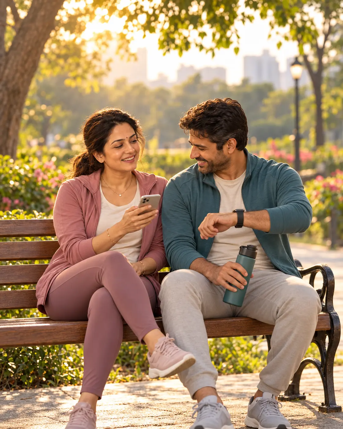 An Indian couple checking everyday health readings after a morning walk