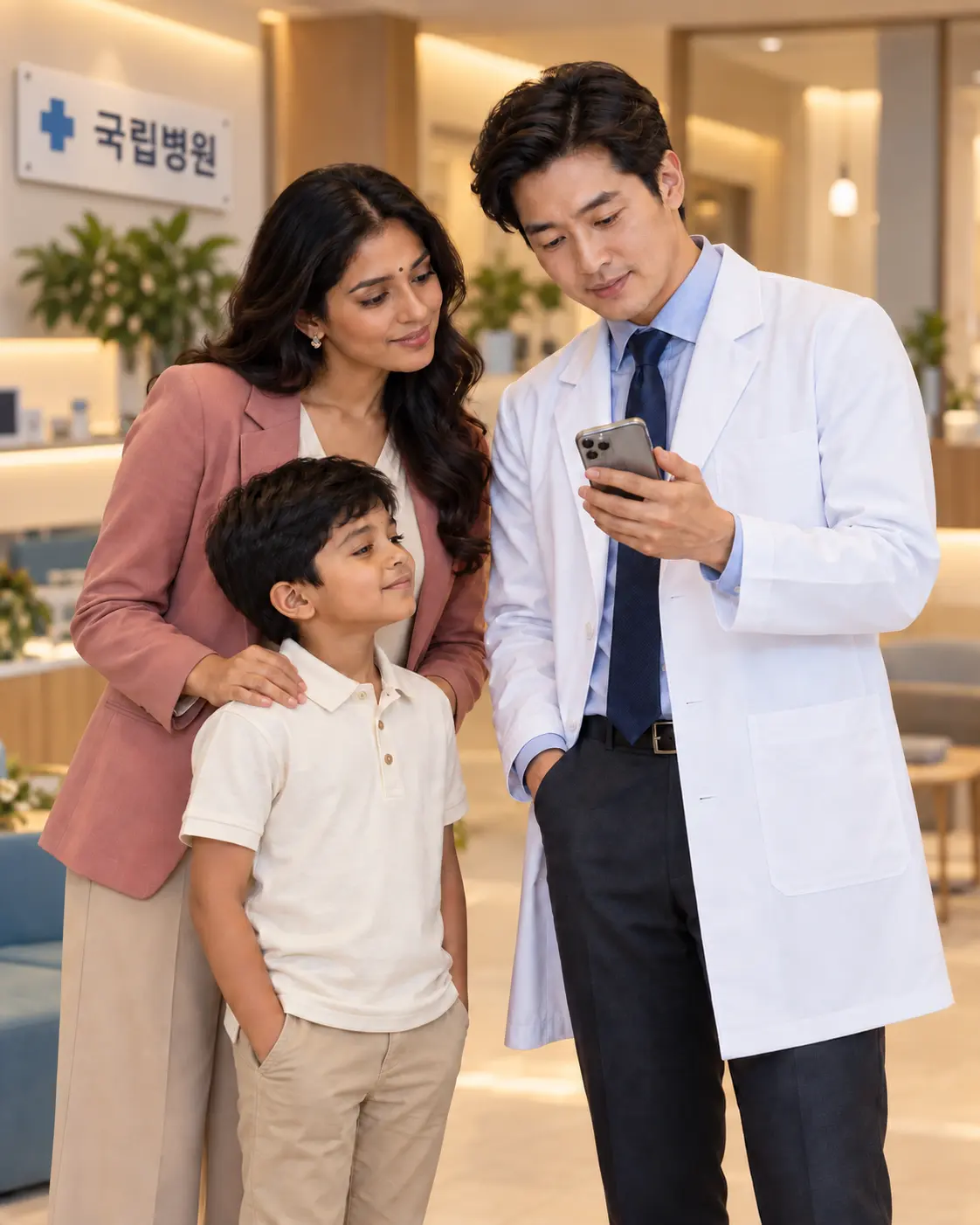 Korean doctor reading a medical record on his phone with an Indian mother and her son at a Korean national hospital