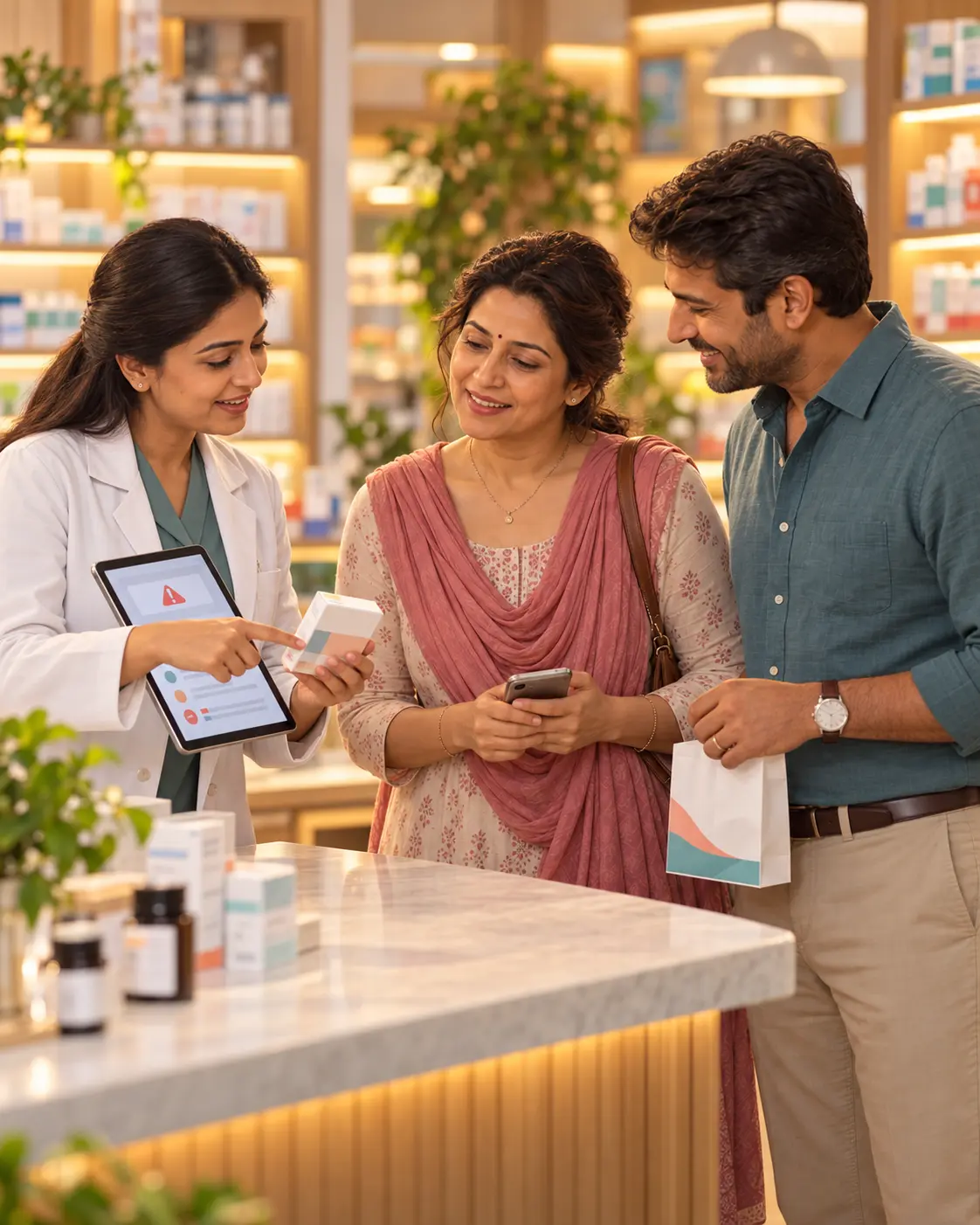 An Indian couple reviewing a medicine and allergy alert with a pharmacist