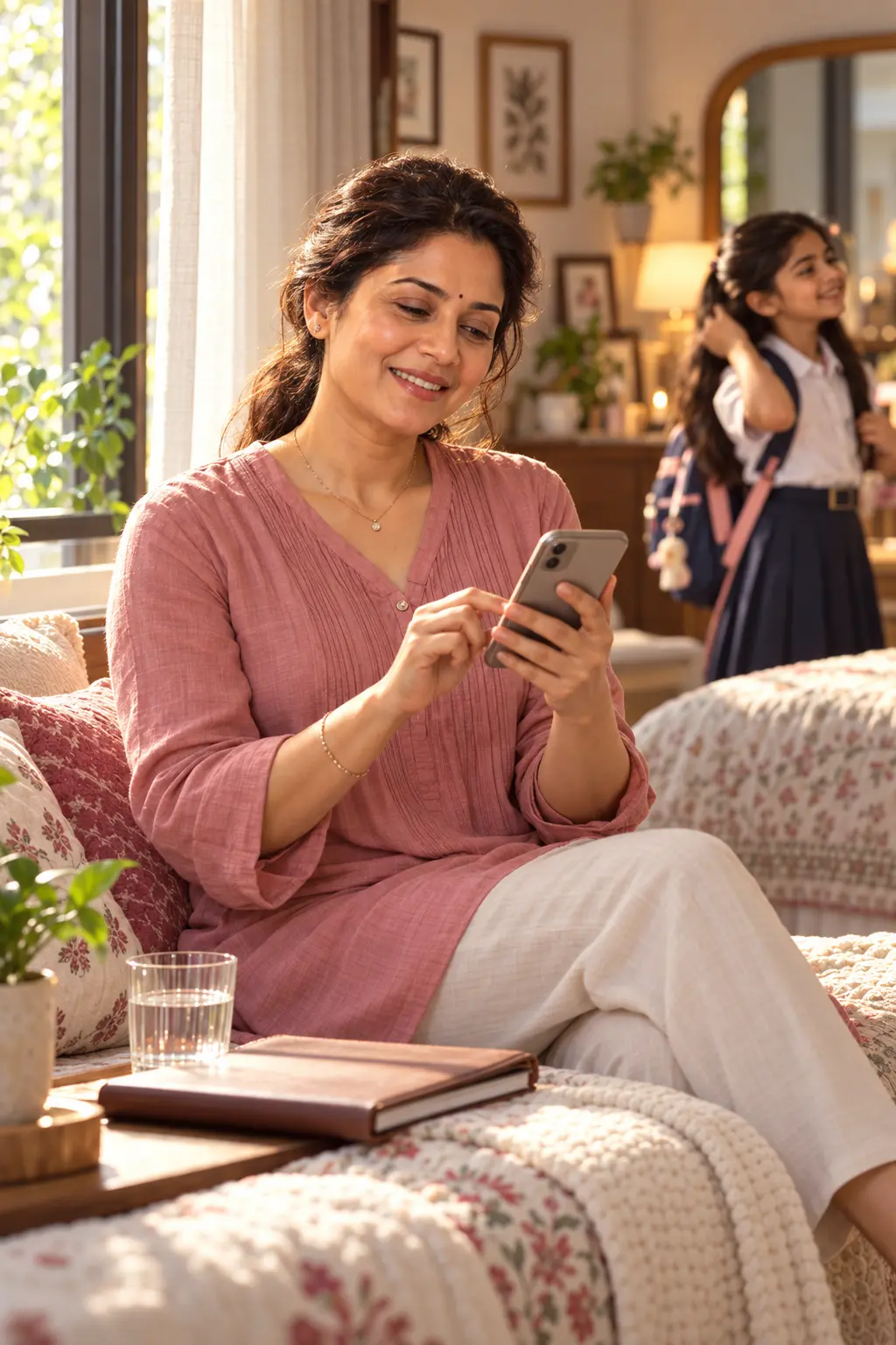 The ParentAura mother reviewing her own health information in a quiet morning moment at home while her daughter gets ready nearby