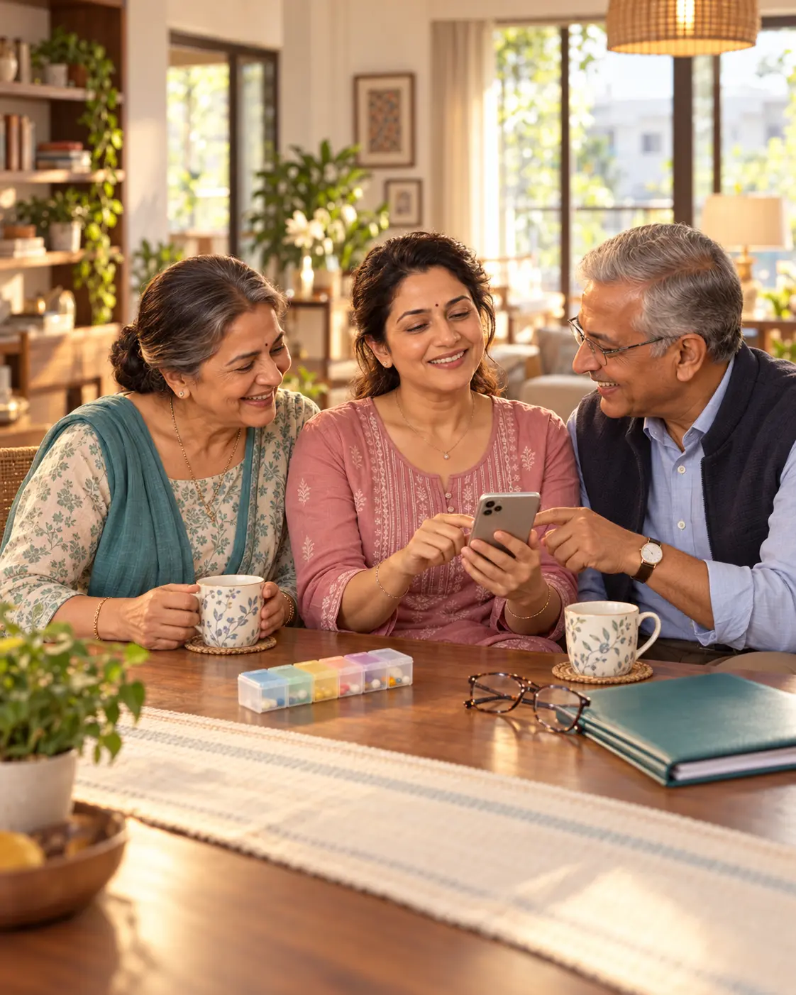 An Indian woman reviewing health information with her elderly parents at home