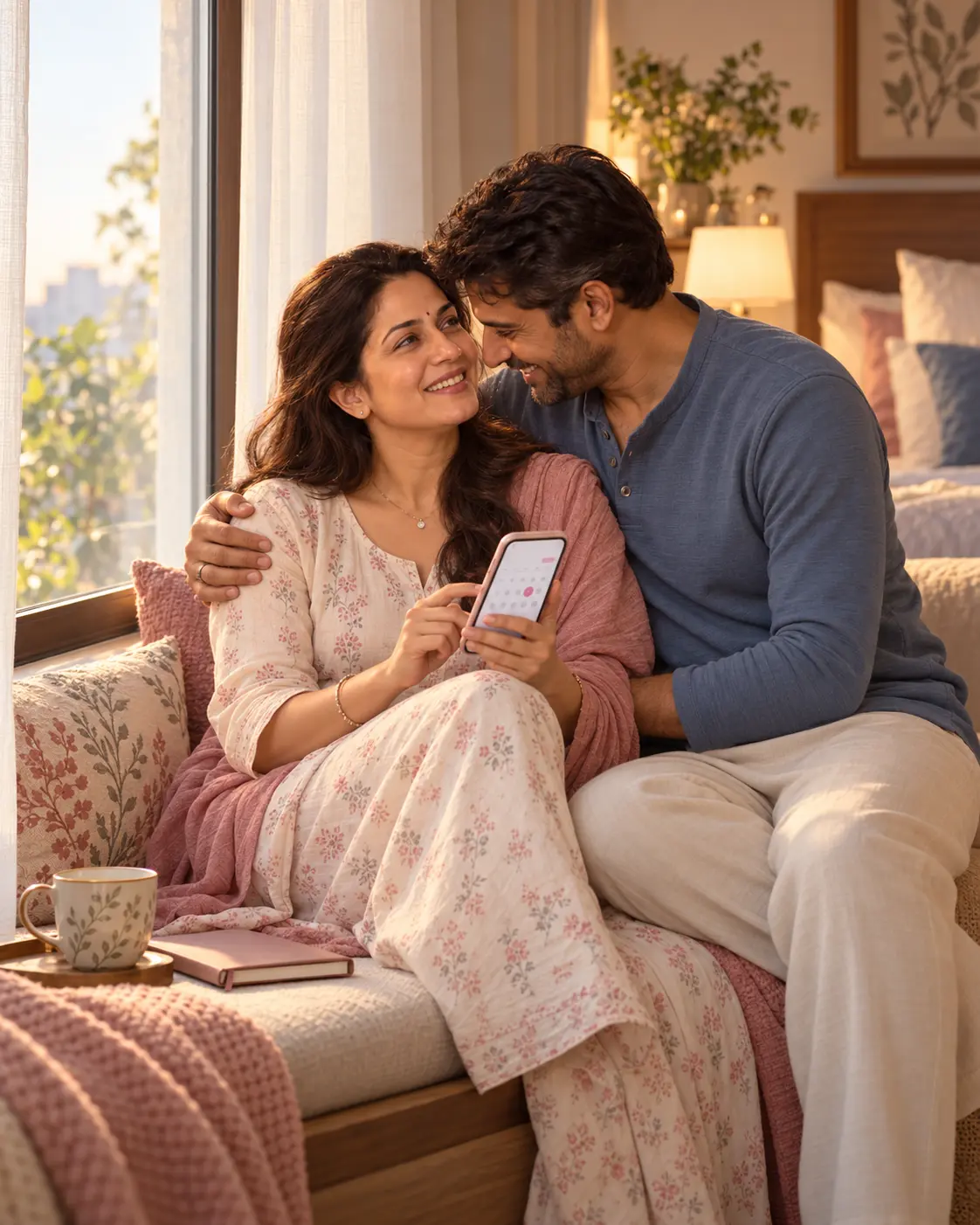 An Indian couple sharing a hopeful private moment while reviewing their cycle calendar