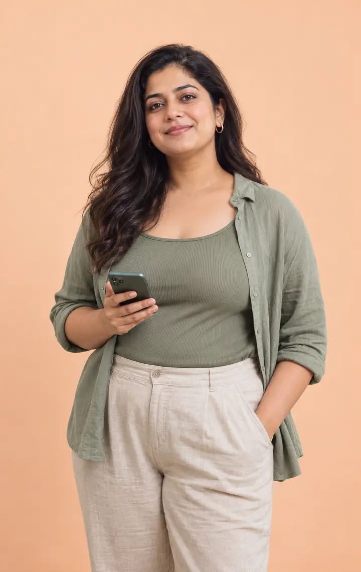 Woman standing against a soft plum background