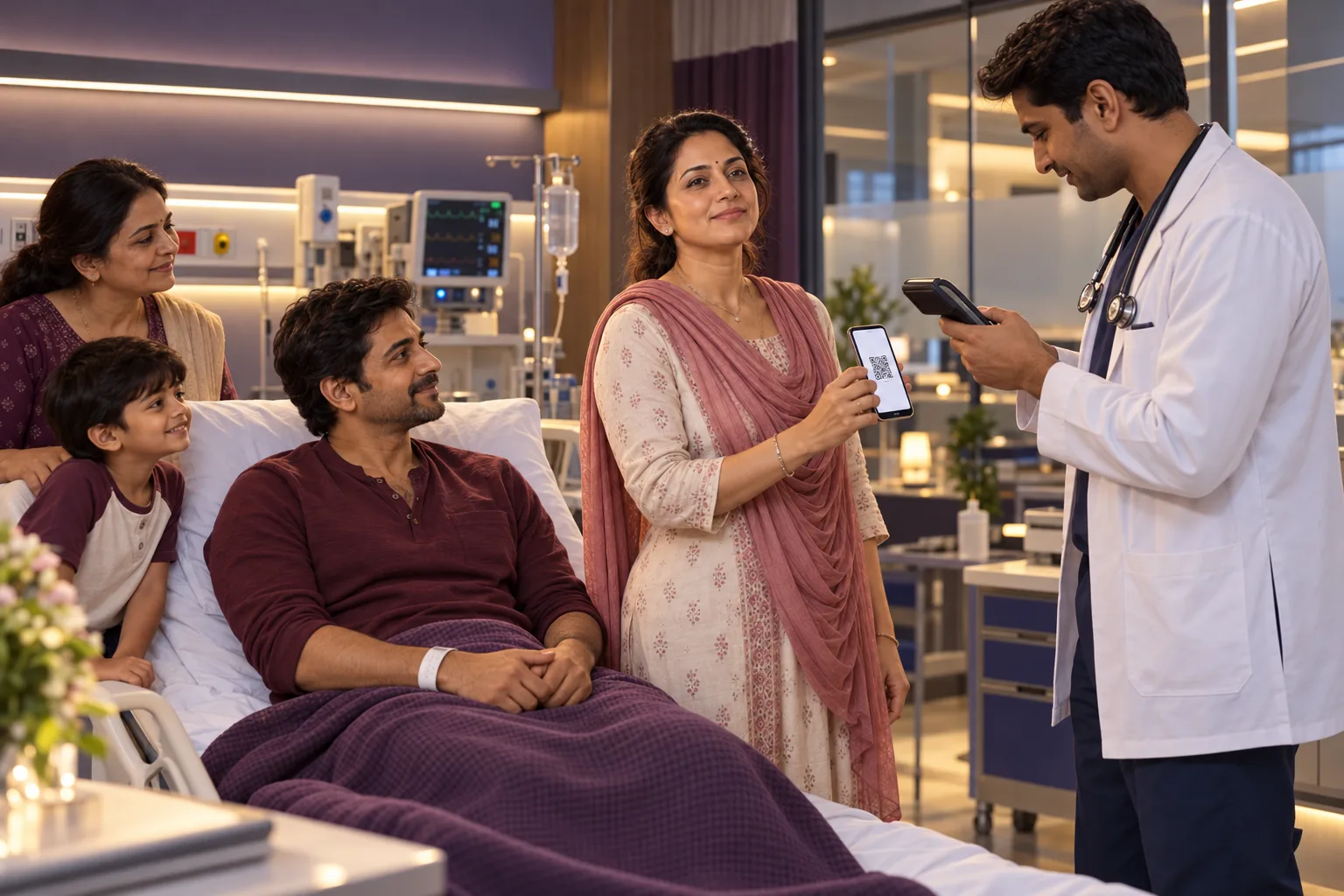 A doctor scanning a temporary emergency QR from a family member’s phone