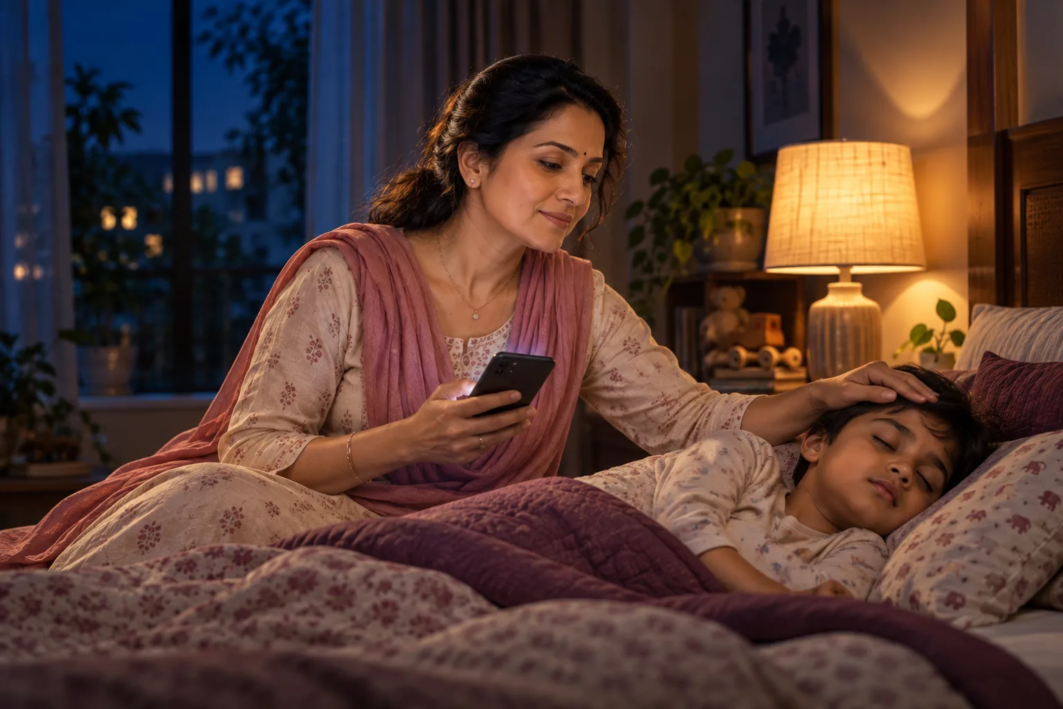 A mother checking her sleeping child for fever at night