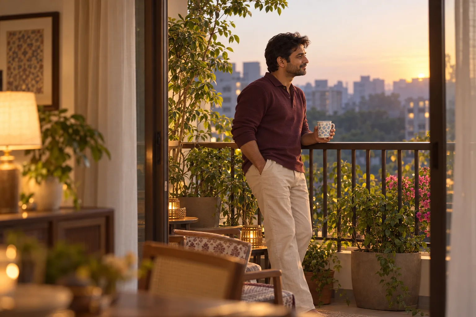 A father holding morning tea on a balcony