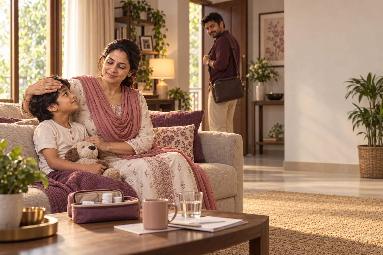A mother caring for her child in a bright family home