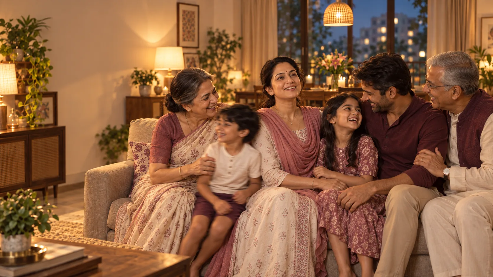 A multigenerational Indian family laughing together at home
