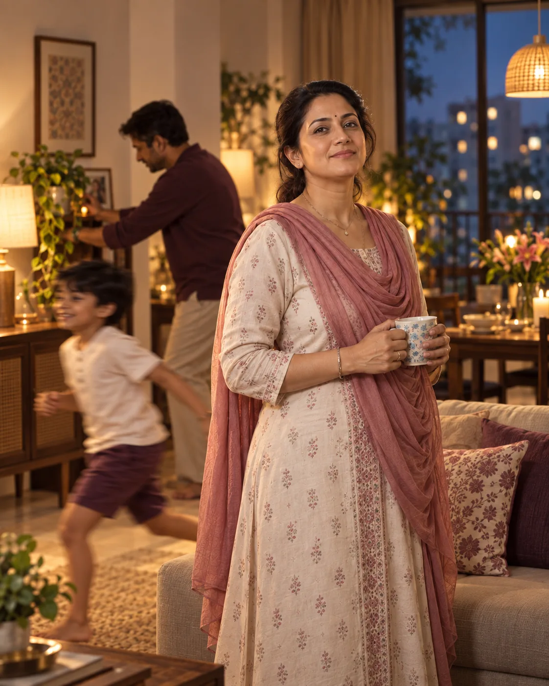 A mother standing calmly while her family moves around her at home