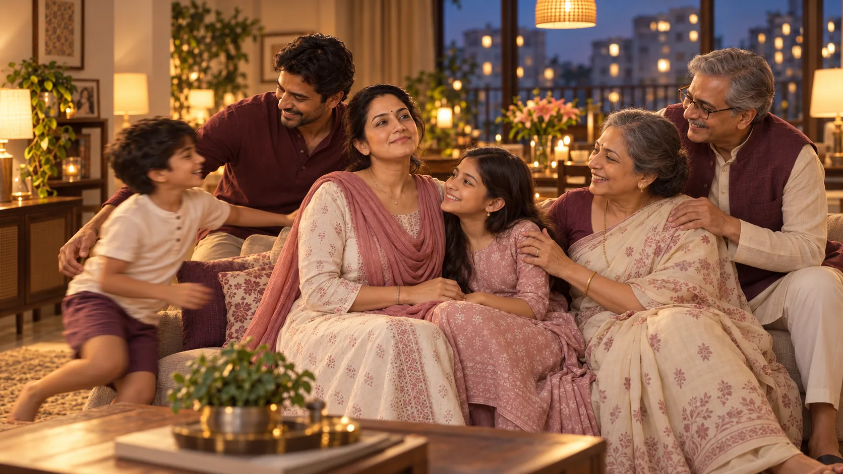 A multigenerational Indian family laughing together at home