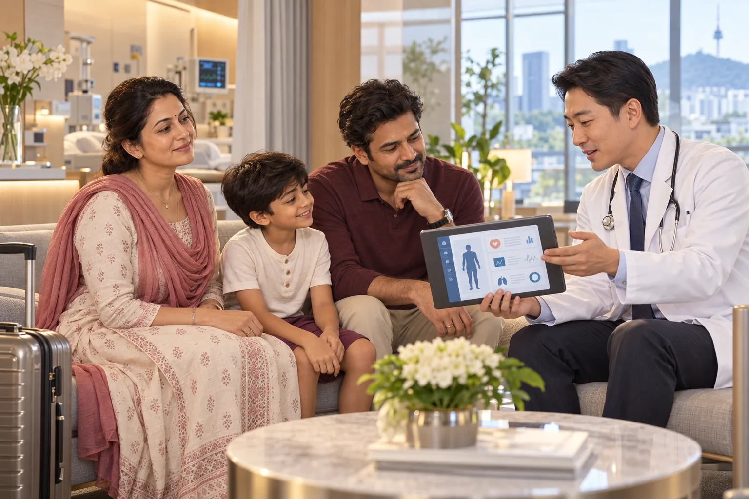 An Indian family consulting a Korean doctor using their translated Medical Passport
