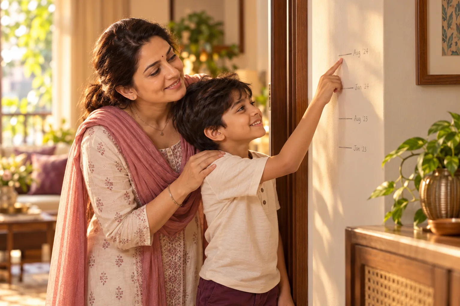 A parent and child looking at height marks on a wall